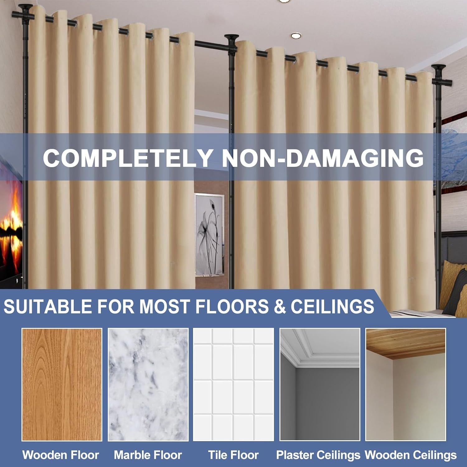 OLIYNEDY Room Divider No Drilling Curtain Rod for Room Separation, 4-10ft (H) 28-114inch(W) Adjustable Heavy Duty Floor to Ceiling Wall Divider Hanging Room Divider, Matte Black