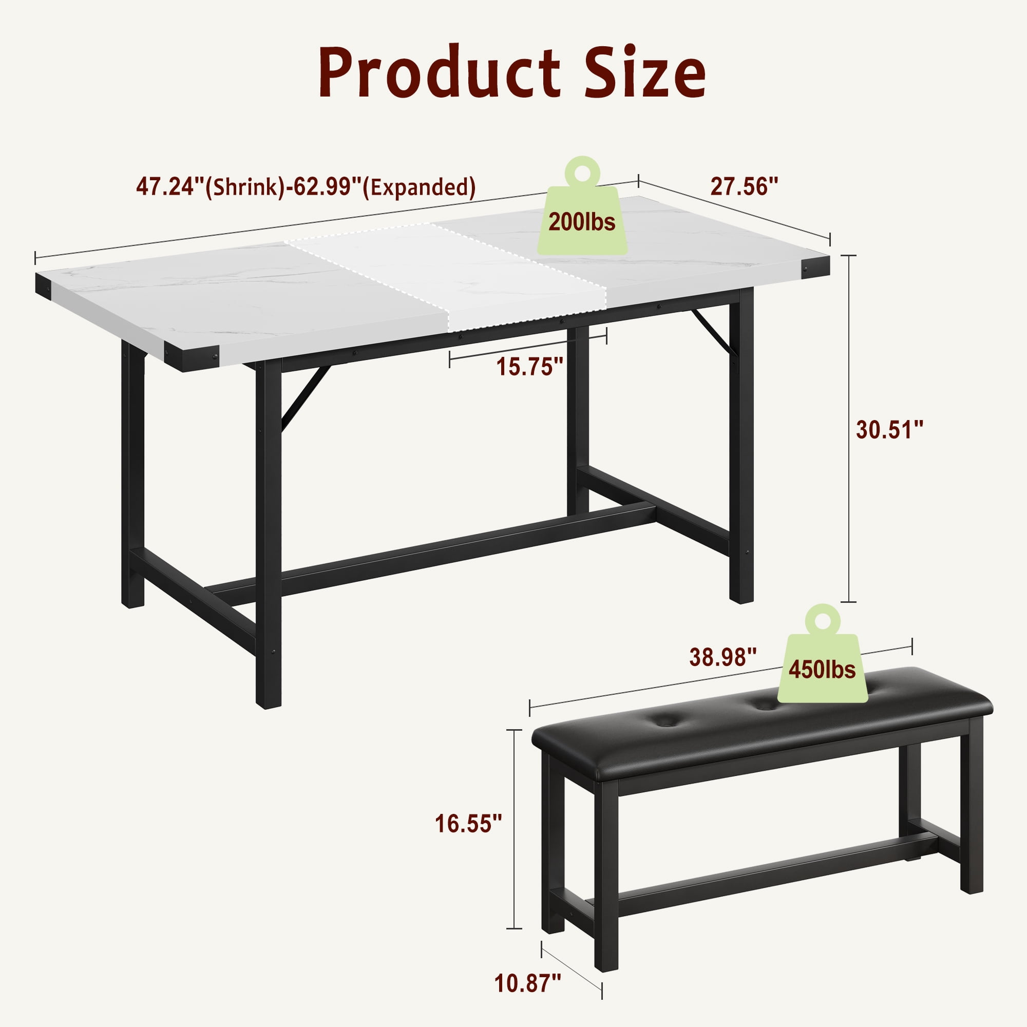 Extendable Dining Table Set for 4 to 6 People, Industrial Wood Table with 2 Upholstered Benches, Metal Corner Protectors for Small Space Apartment