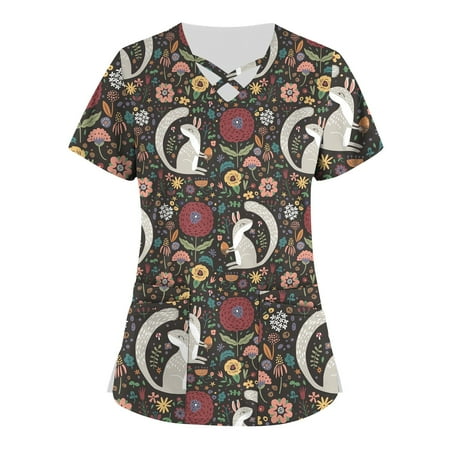 

SHUDAGENG Womens Tops Plus Size Cute Printed Scrub Working Uniform Tops for Womens Cross V Neck Short Sleeve Fun T-shirtss Workwear Tee with Pockets Brown XL