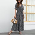 thumbnail image 6 of Softmallow Women Waist Dresses Summer Beach Boho Floral Print Swing Maxi Dress V Neck Short Sleeve A Line Dress with Belt Black M, 6 of 6