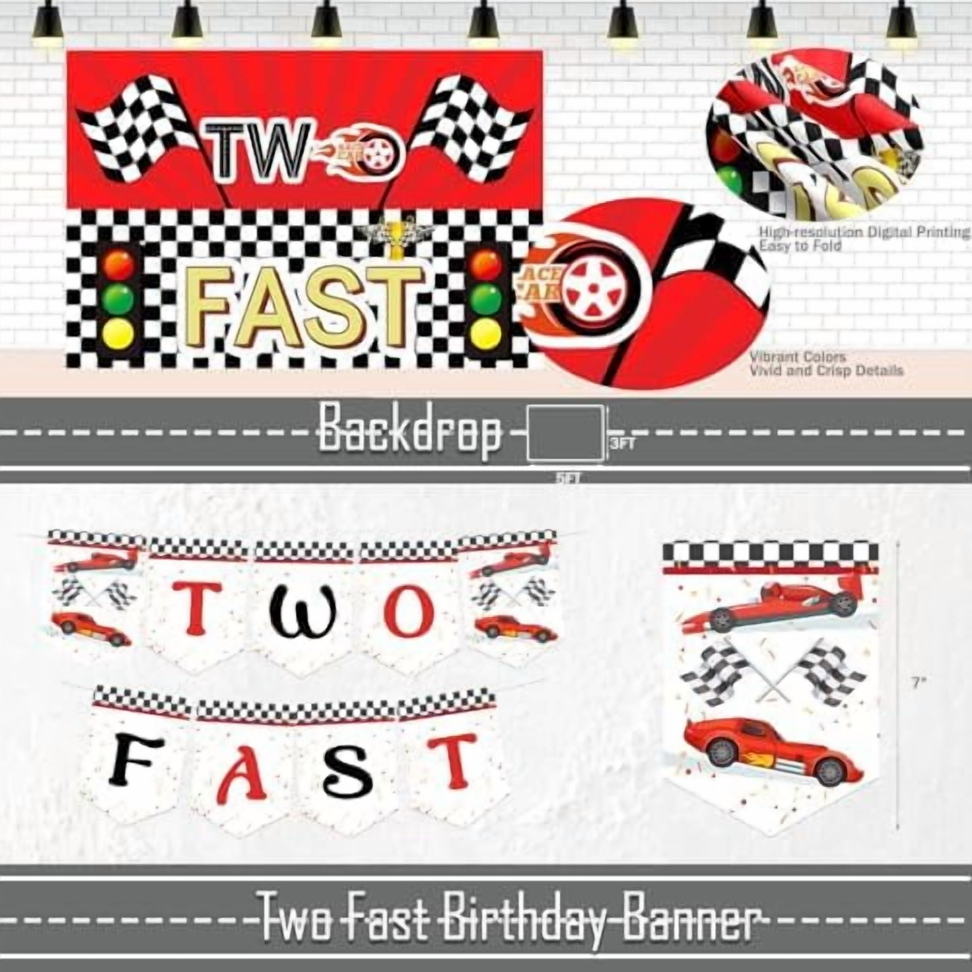 Two Fast Birthday Decorations – 131 PCs Race Car Themed Birthday Party Supplies with Two Fast Backdrop, Balloon Garland, Balloon Boxes, Number 2 Foil Balloon, Banner, Cake Topper, Poster