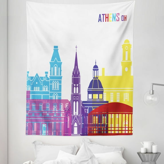 Ohio Art Tapestry, Athens City USA Place Skyline Colorful Cityscape Artwork Modern Illustration, Fabric Wall Hanging Decor for Bedroom Living Room Dorm, 5 Sizes, Multicolor, by Ambesonne
