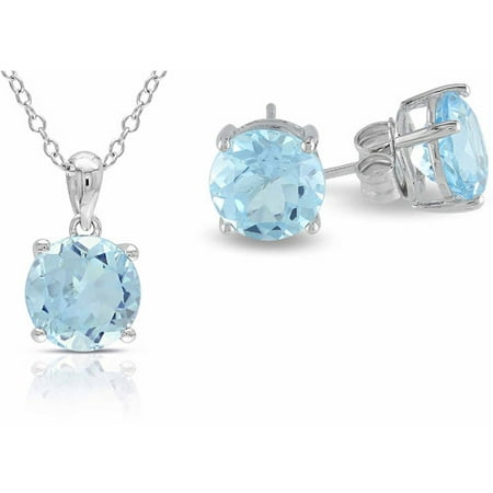 6-3/8 Carat T.G.W. Blue Topaz Sterling Silver Set of Solitaire Pendant and Stud Earrings, 18