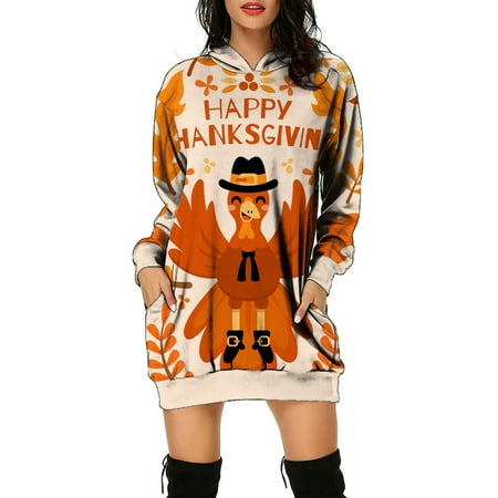 Fjofpr Long Fall Dresses for Women 2022 Women's Hooded Printing Loose Casual Fashion Long Sleeve Pocket Thanksgiving Dress