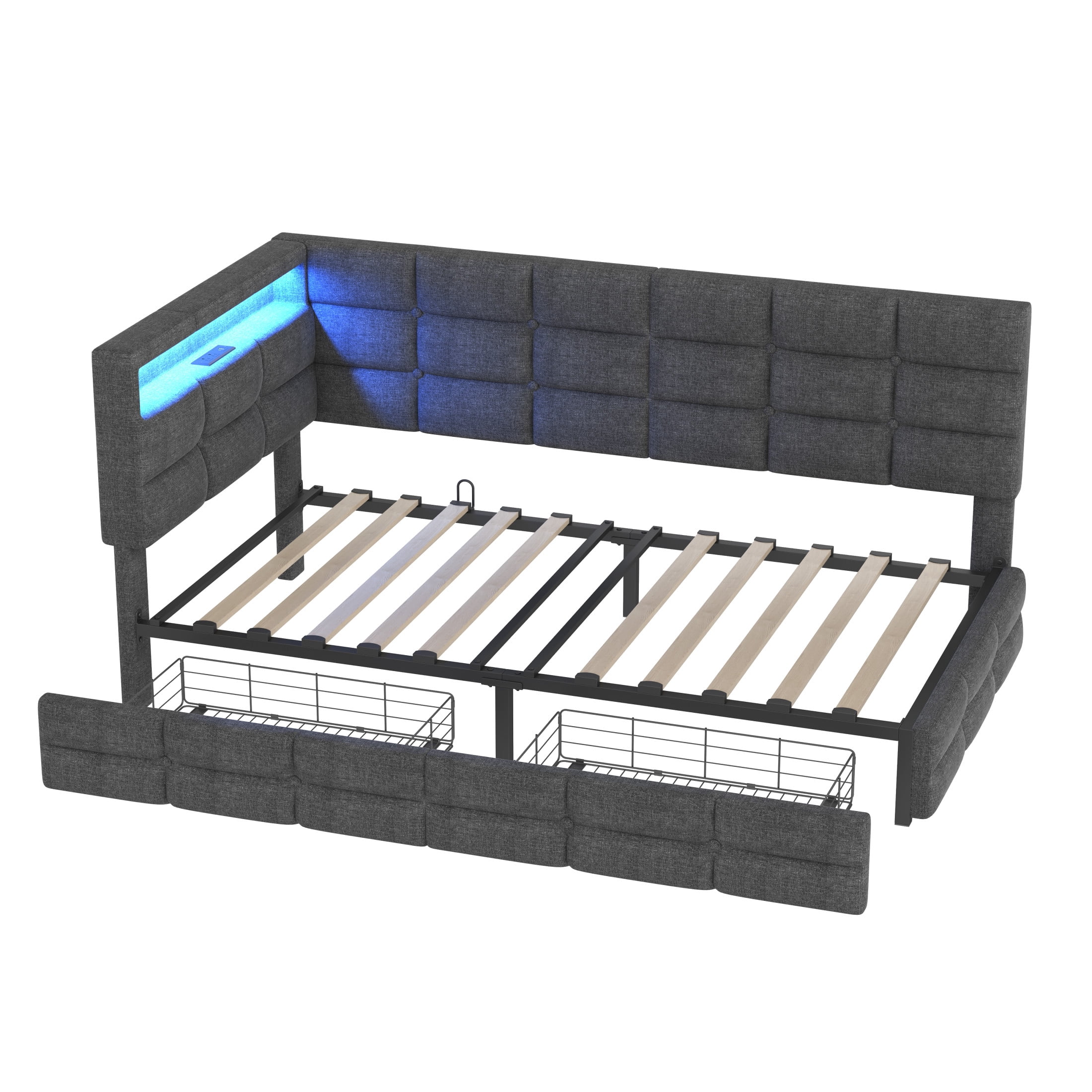 Noble House Twin Upholstered Daybed with LED Lights, Charging Station and 2 Storage Drawers, Gray