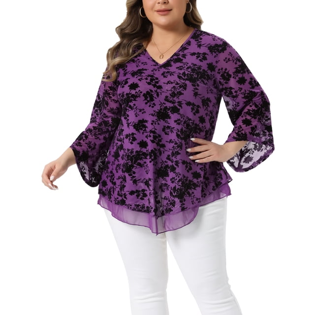 Blusa elegante de talla grande para mujer Agnes Orinda, con cuello en V, malla, casual, fluida, camisas de trabajo, con mangas acampanadas de 3/4, túnica en talla 3X, color púrpura