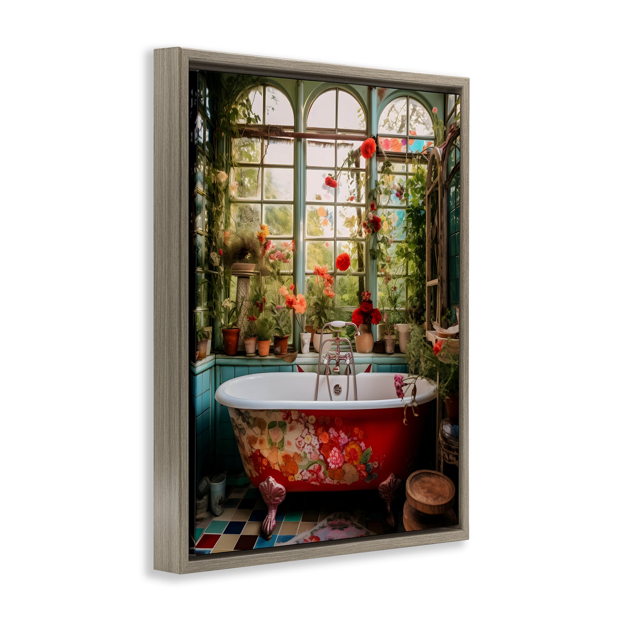 Floral Sunroom Tub Brown Framed Floater Canvas Wall Art, design by Lettered and Lined