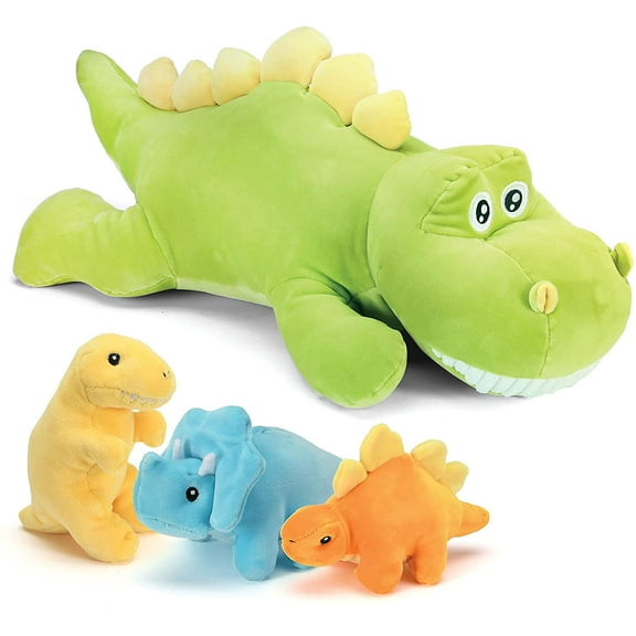 Prextex Dinosaur Plush Pillow with 3 Cute Baby Dinosaur Hatchlings Inside, Great Gift for Kids