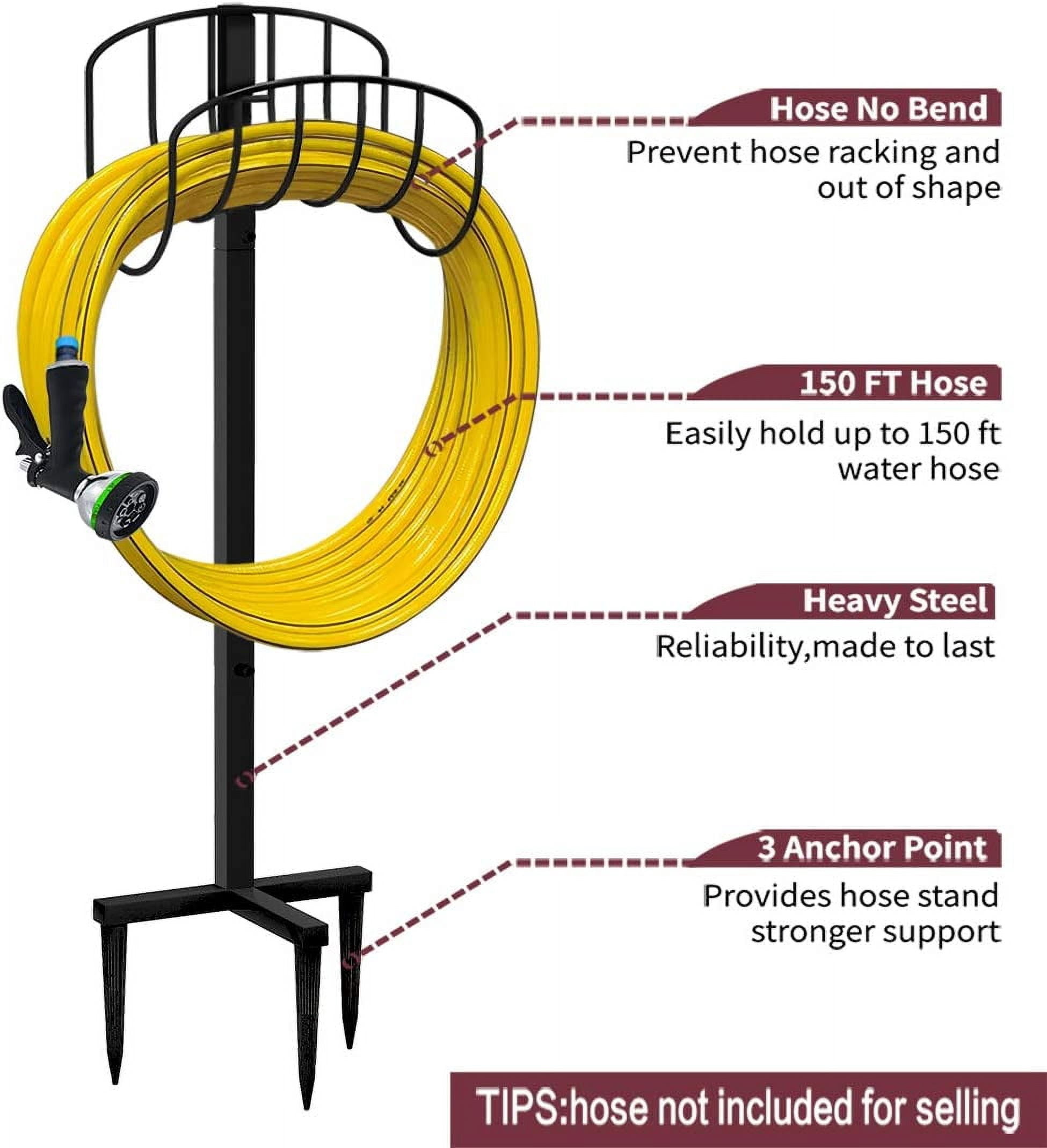 Freestanding Garden Hose Holder Hanger, Outdoor Heavy Duty Metal Water Hose Storage Holders Stand Organizer Rack Detachable Stake, Holds 150 Ft of Hoses for Outside Lawn Yard, Black