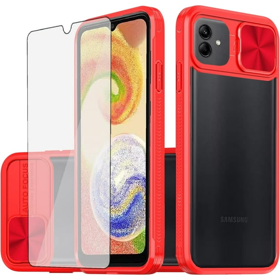 Phone Case for Samsung Galaxy A04e with Tempered Glass Screen Protector Cover and Camera Cover Slide 360 Full Body Protection Slim Clear Bumper Cell Accessories AO4e A 04e Women Men Red