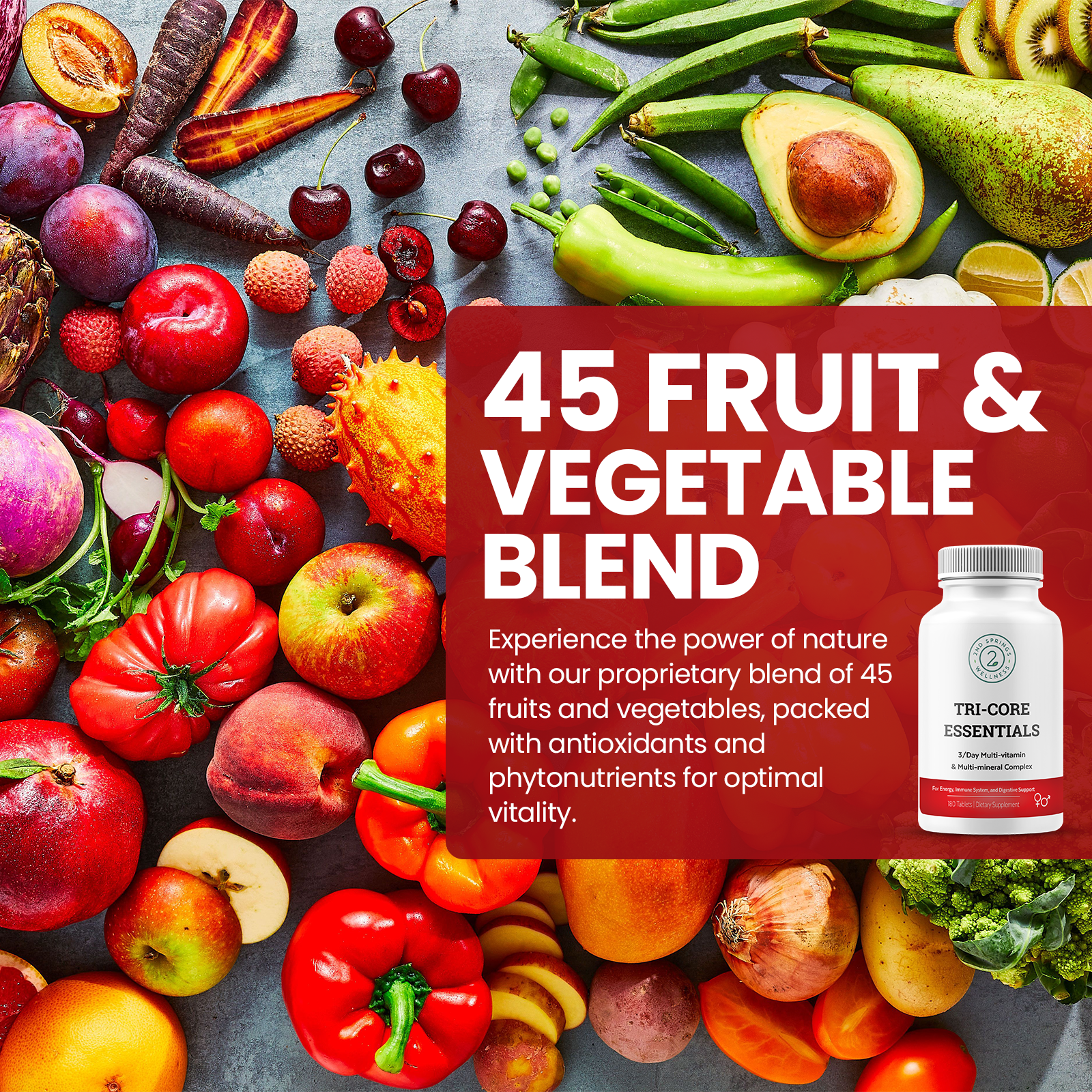 Tri-Core Essentials - 3 A Day Comprehensive Multivitamin Multimineral Complex with Probiotics, Prebiotics, Digestive Enzymes, Mushrooms, Adaptogens, and 45 Fruits and Vegetables - 180 Tablets