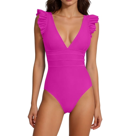 Lopeceal Women's One Piece Swimsuit Slimming Tummy Control Bathing Suit Deep V Neck Ruffle Sleeve Cute Swimwear