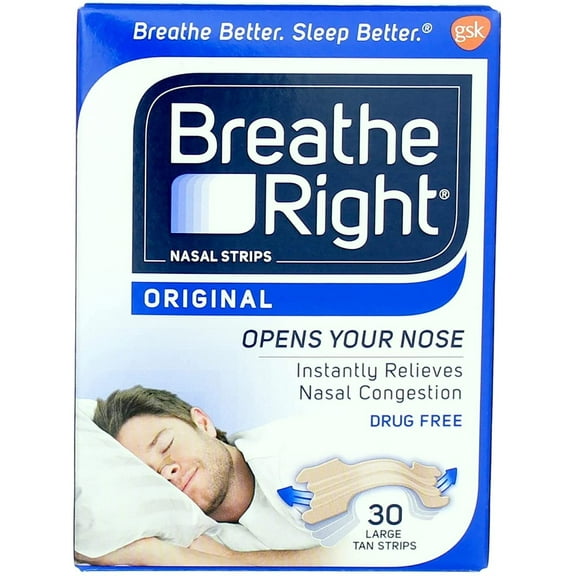 Breathe Right Nasal Strips to Stop Snoring, Drug-Free, Original Tan Large, 30 count