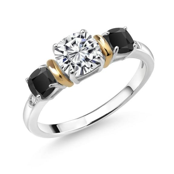 Gem Stone King 925 Silver & 10K Yellow Gold IGI Certified Lab Grown Diamond and Onyx 3 Stone Ring for Women | 1.58 Cttw | 1 Ct Center Cushion Cut Diamond | E-F Color VS1-VS2 Clarity (Size 7)