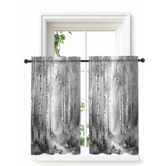 Grey Curtains 45 Inch Length, Sheer Curtains for Bedroom Living Room Window Modern Oil Painting Art Forest Rod Pocket Voile Drapes Kitchen Curtains Small Half Window 42"x45" 2 Panels