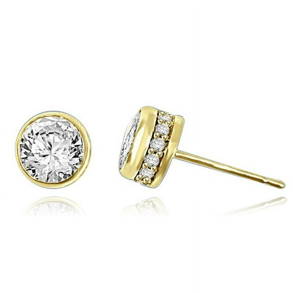 Bezel Set Stud Earrings with Simulated Round Brilliant Diamond and Melee by Diamond Essence set in Vermeil