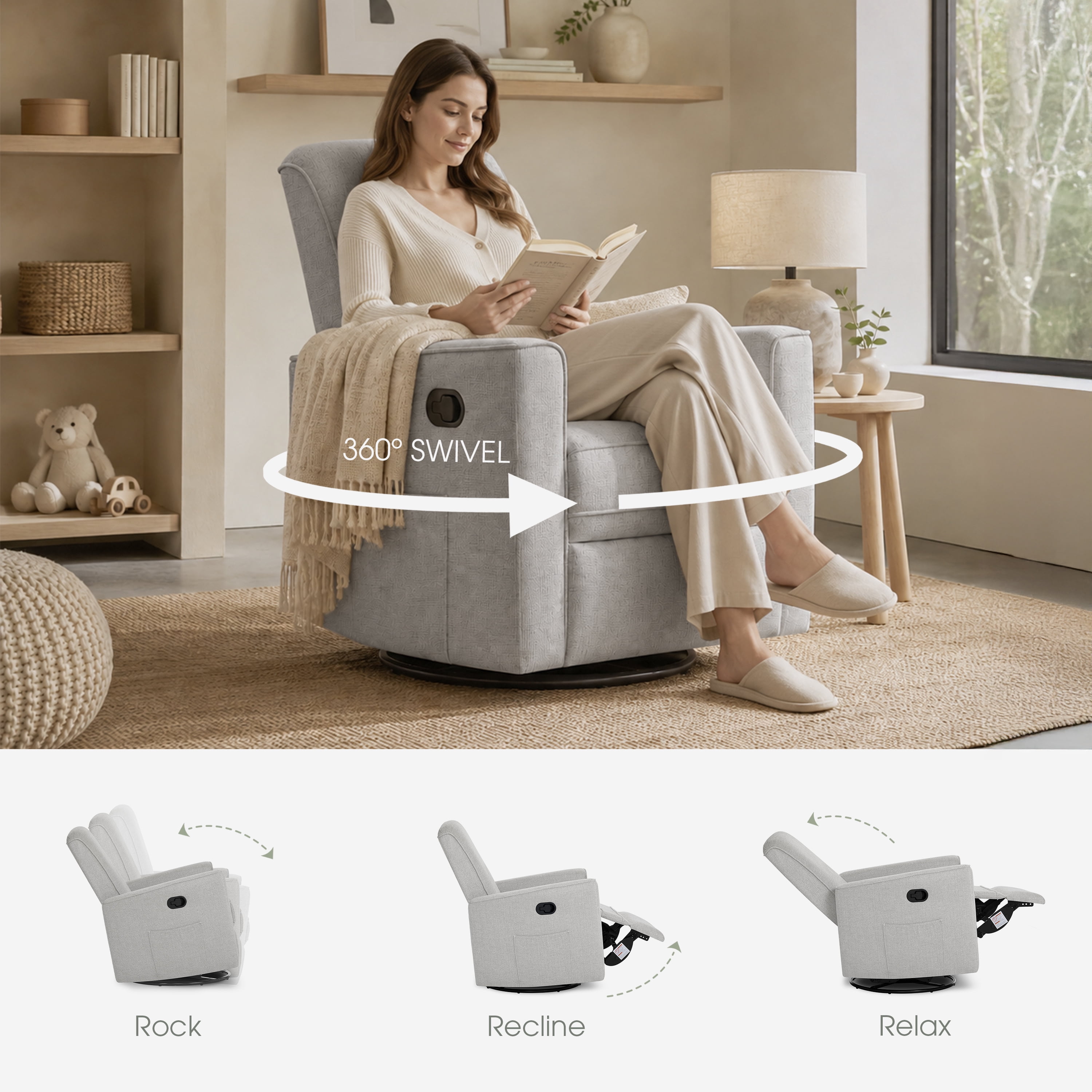 Evolur Raleigh Basic Glider |Recliner| Rocker, Soft Pebble