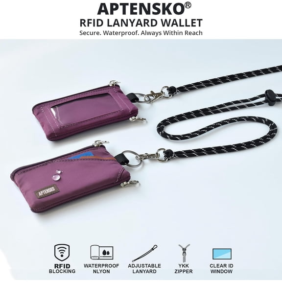 JINYUN-RFID Travel Wallet with Adjustable Lanyard-Zipper Small Wallet with ID Card Holder, Keychain for women&men-Minimalist Slim Waterproof Nylon case for ID, Cash, Key (Plum Wine)