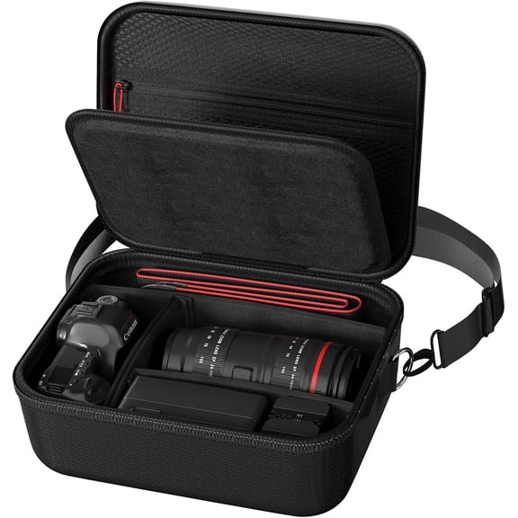 Hard Shell Camera Case for Rebel T7/EOS R100/R50/DSLR/SLR///Mirrorless Cameras, Soft Padded Digital Travel Bag with 1 Shoulder Strap and 3 Adjustable Dividers -