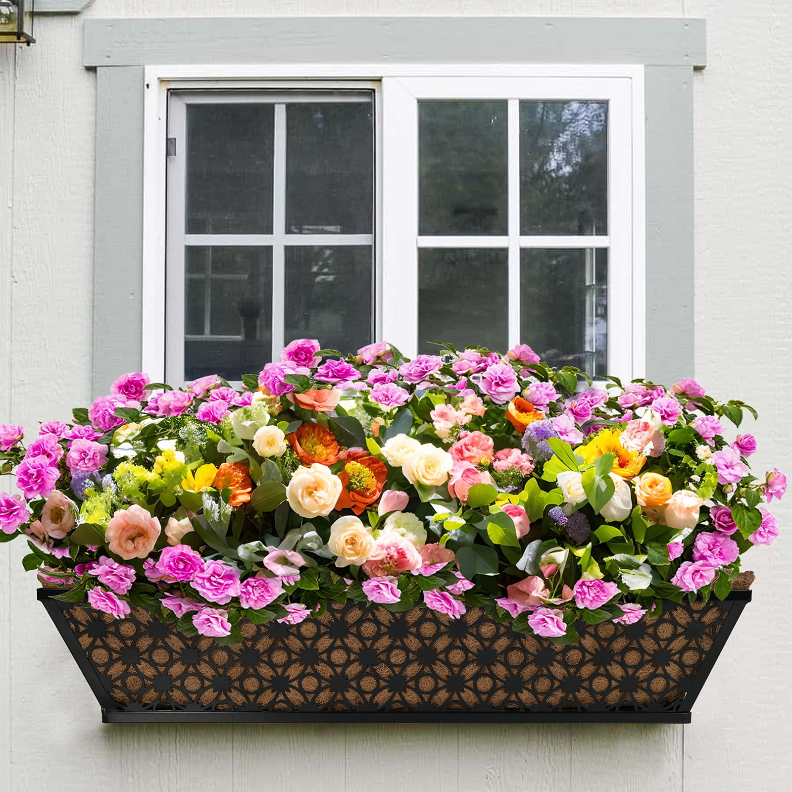 Balcony Planters Railing Hanging 24 Inch 4 Pack Window Boxes with Adjustable Bracket and Coco Liner for Porch, Fence, Patio Hanging Planters for Garden Outdoor