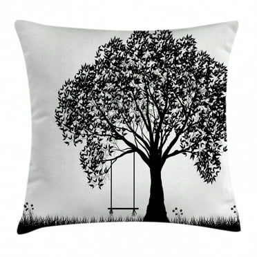 Apartment Decor Throw Pillow Cushion Cover, A Tree Silhouette with a Swing Illustration Flowers and Grass Pattern, Decorative Square Accent Pillow Case, 20 X 20 Inches, Black and White, by Ambesonne