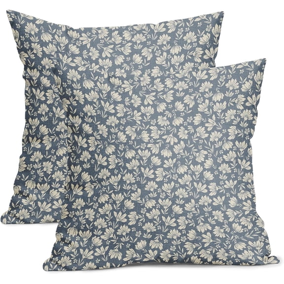 Blue Gray Daisy Floral Block Print Pillow Covers 20X20 Inch Grey Beige Flowers Decorative Square Pillow Cases Set of 2 Farmhouse Home Decor Vintage Rustic Cute Throw Pillows For Sofa Couch Outdoor