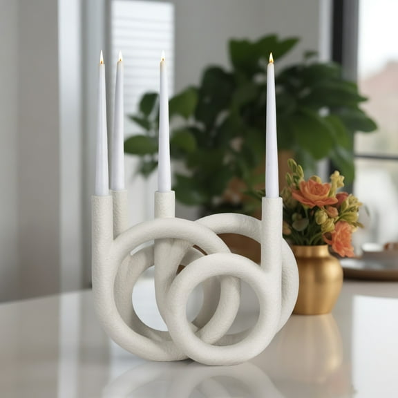 Taper Candle Holder Resin Sculptural Twisted Ring Design Modern Contemporary for Living Room Bedroom Office Decor - 12" White