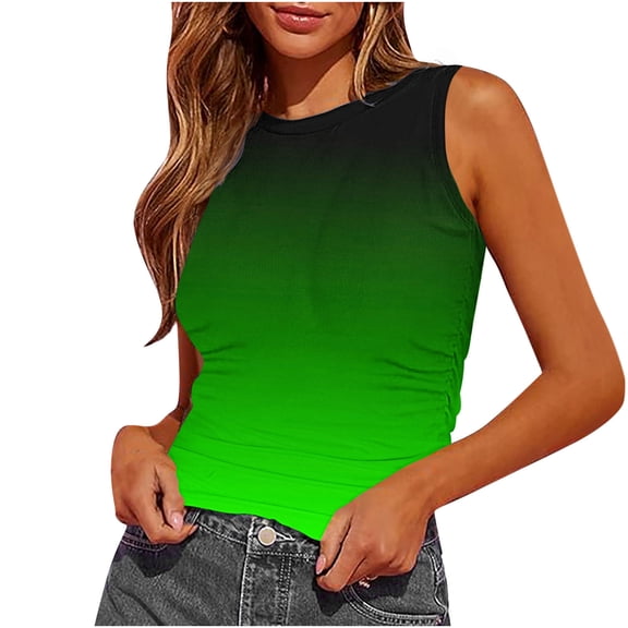 Women Crop Tanks Top Crewneck Vest Gradient Sleeveless Pullover Camisole Pleated Basic Top Summer