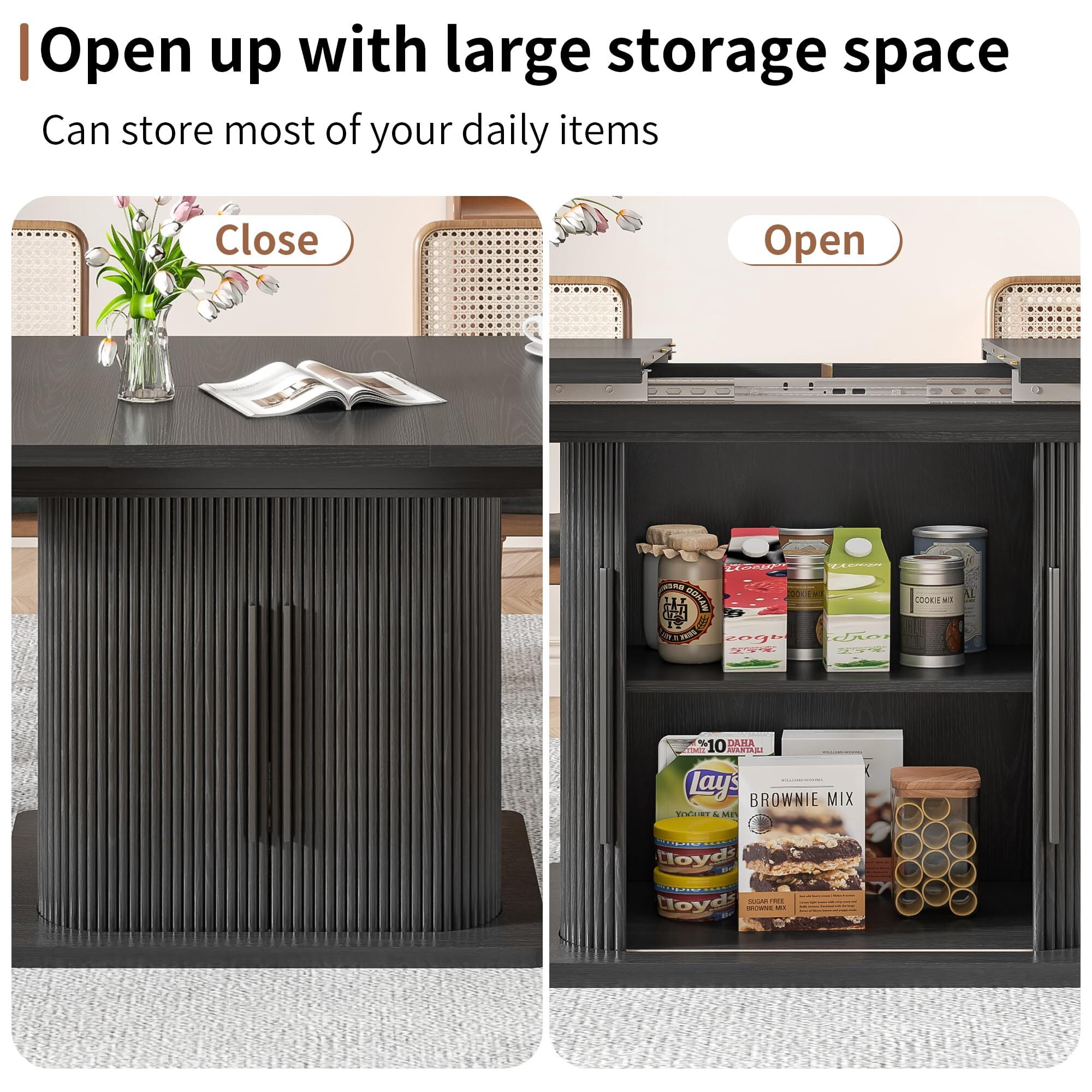 Extendable Black Dining Table 47-65", Seats 4-6, Fluted Wood Kitchen Table with Storage, Sliding Doors, Space Saving, Black