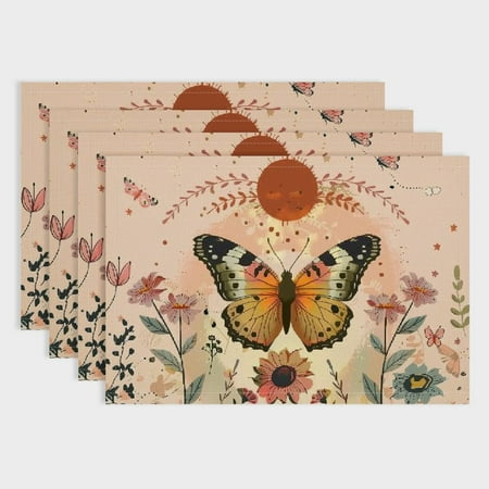 

Shiartex Butterfly Sun Flowers Linen Table Mats Set of 4 for Dining Parties Home Decor - Heat-Resistant Stain-Resistant 18x12in