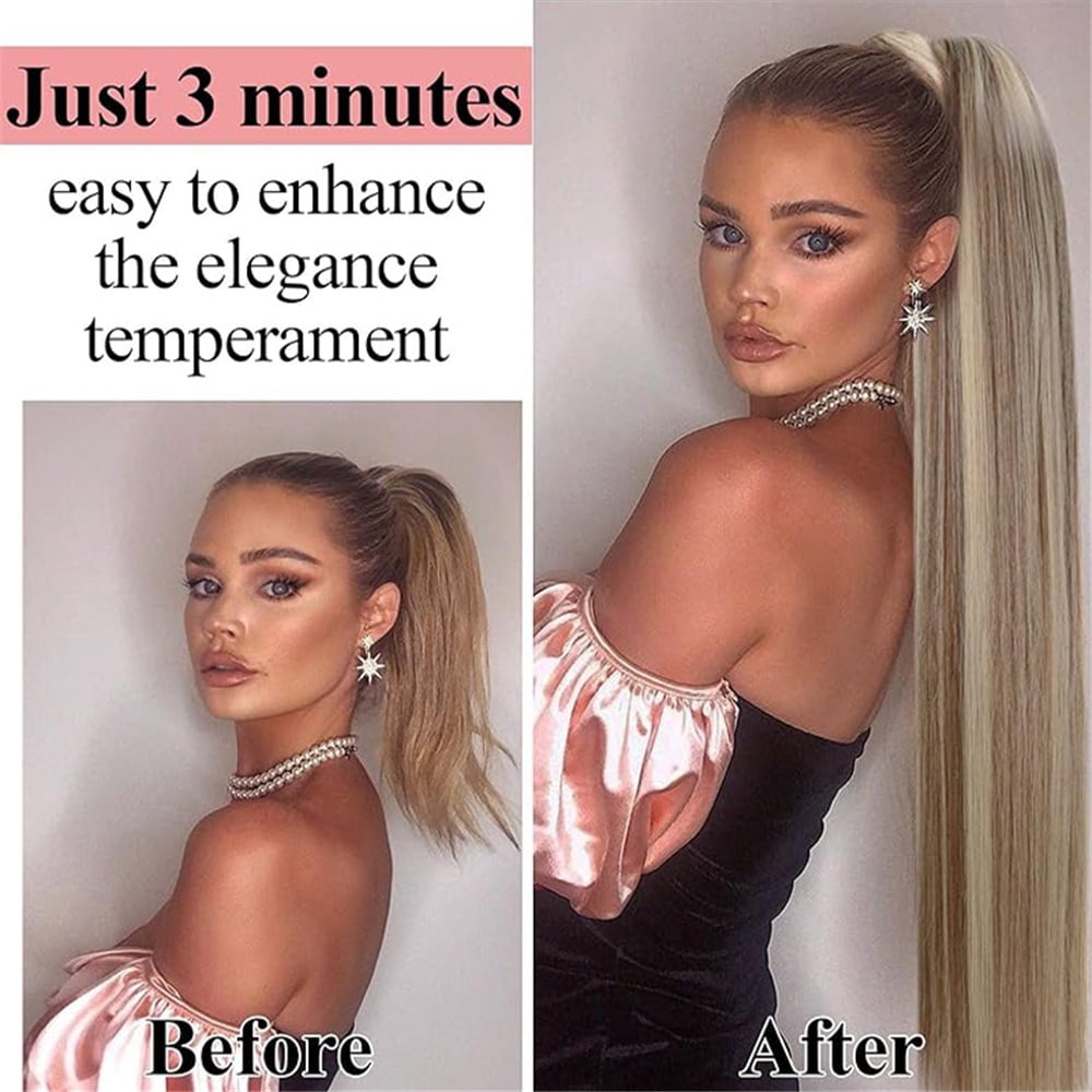 Remy Human Hair Extensions 16-26 Inches Long Straight Drawstring Ponytail Hairpiece P8/613 Highlights Bleach Blonde