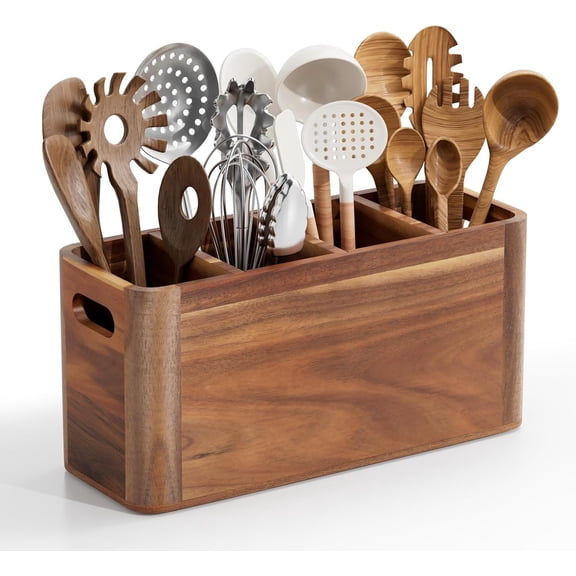 Utensil Holder, Extra Large Kitchen Utensil Holder for Counter with 4 Compartments, Wooden Kitchen Utensils Organizer for Countertop Cooking Spatula Storage, Acacia Wood