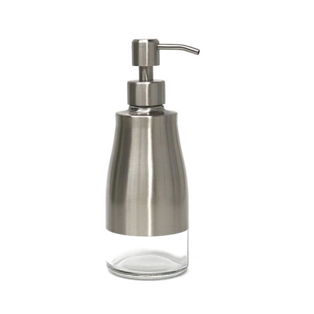 Dispensador de jabón con posavasos antideslizante, carcasa de acero inoxidable de níquel cepillado, revestimiento de vidrio, dispensador de bomba manual, dispensador de jabón líquido recargable para b