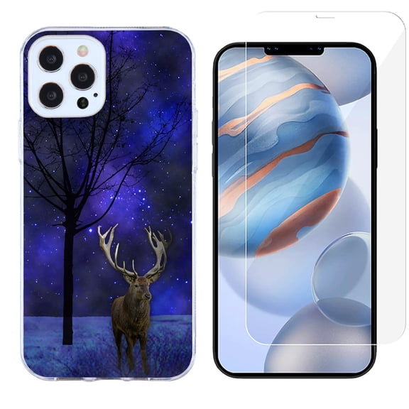 Slim-Fit Protective Phone Case compatible with iPhone 12 Pro Max, with Tempered Glass Screen Protector, by OneToughShield ® - Midnight Deer