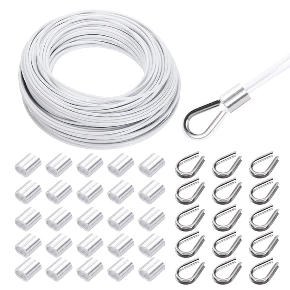 Uxcell 151FT Stainless Steel Cable Railing Kit, 1/8" Vinyl Coated 7x7 Strand Wire Rope with Loop Sleeves and Thimbles White