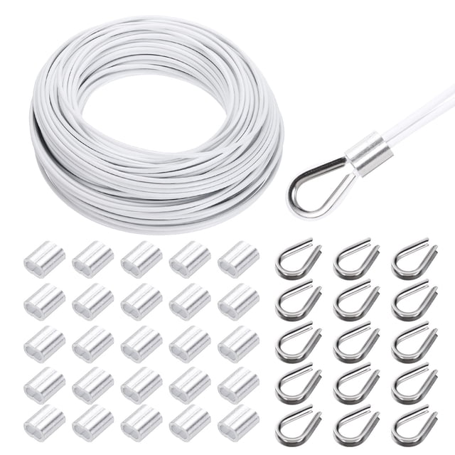 Uxcell 151FT Stainless Steel Cable Railing Kit, 1/8" Vinyl Coated 7x7 Strand Wire Rope with Loop Sleeves and Thimbles White