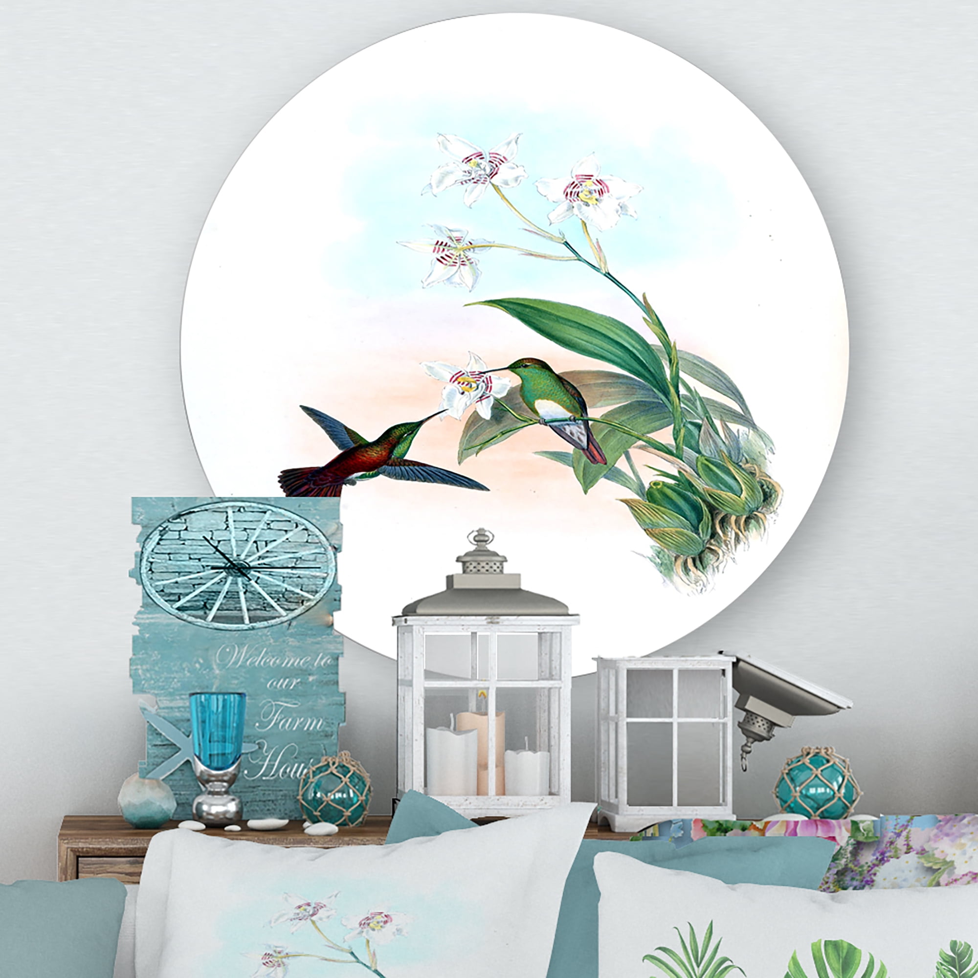 Designart 'Historic Hummingbird Flying To A Flower' Traditional Circle Metal Wall Art 23x23 - Disc of 23