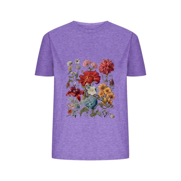 Blusas de Verano de las Mujeres Flor Impresa Cuello Redondo Manga Corta Superior, Verano Superior de las Mujeres