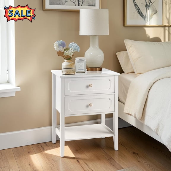 Tcbosik 22" Modern Side Table, Nightstand with Open Shelf and 2 Storage Drawers, End Table for Bedroom, Living Room, White