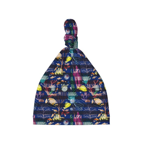 Balery Sea Inhabitans and Herb Pattern Baby Beanie, Knotted Baby Hat, Infant Hat, Newborn Beanie, Adjustable Beanie, Baby Cap, Newborn Headwear