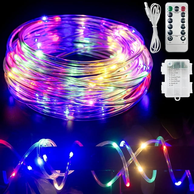 100 luces LED de cuerda para exteriores, cadena de luces con pilas de 33 pies, 8 modos de luces de hadas impermeables, luces de piscina alimentadas por USB con control remoto para trampolín, camping,