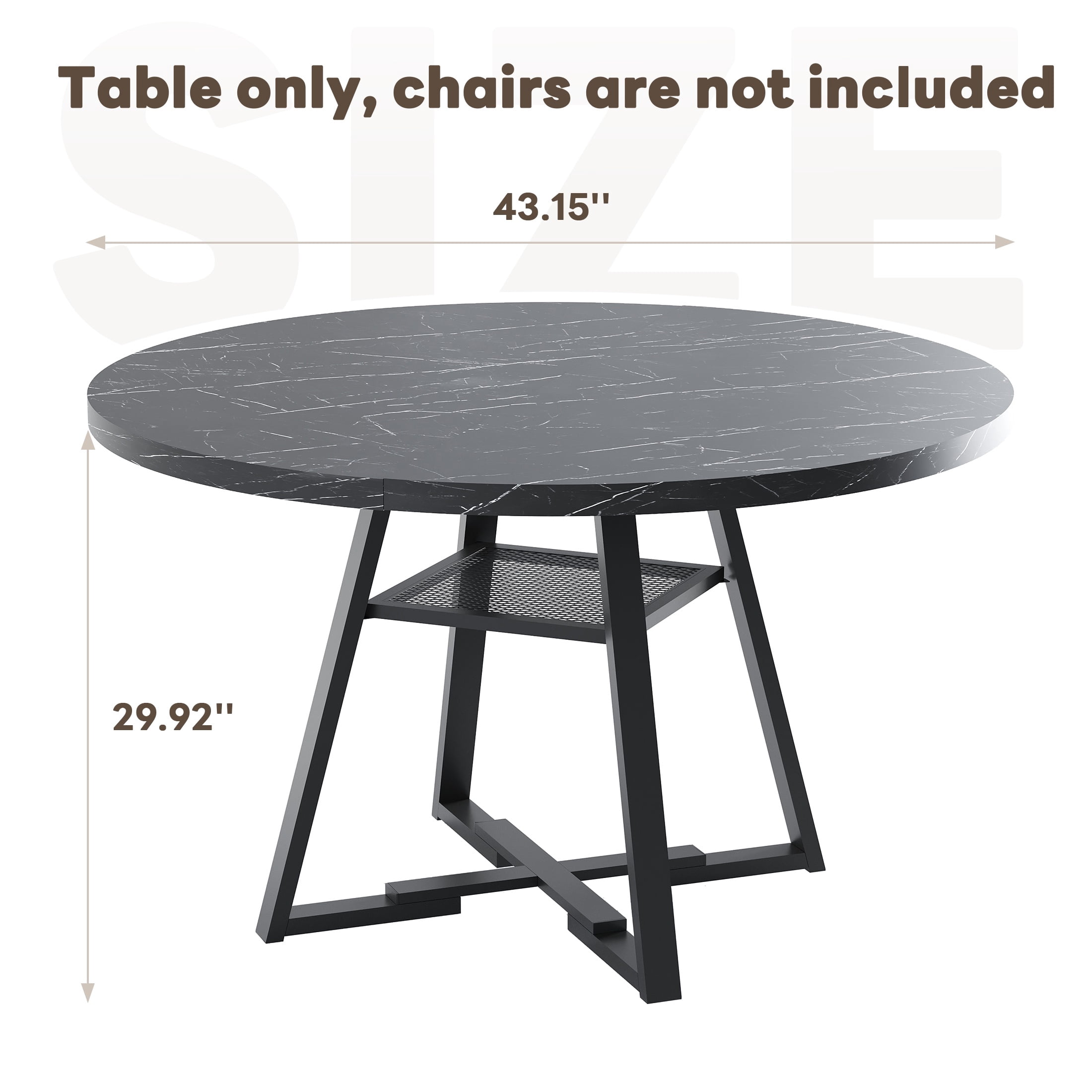 PAPROOS Round Dining Table, 43'' Faux Marble Dining Table with Storage Shelf, Circle Dining Table for Dining Room, Modern Kitchen Table for 4 People, Black(Only Table)