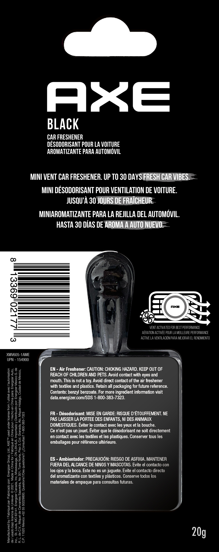 Axe Car Air Freshener Mini Vent Clip Black, 1 Pack