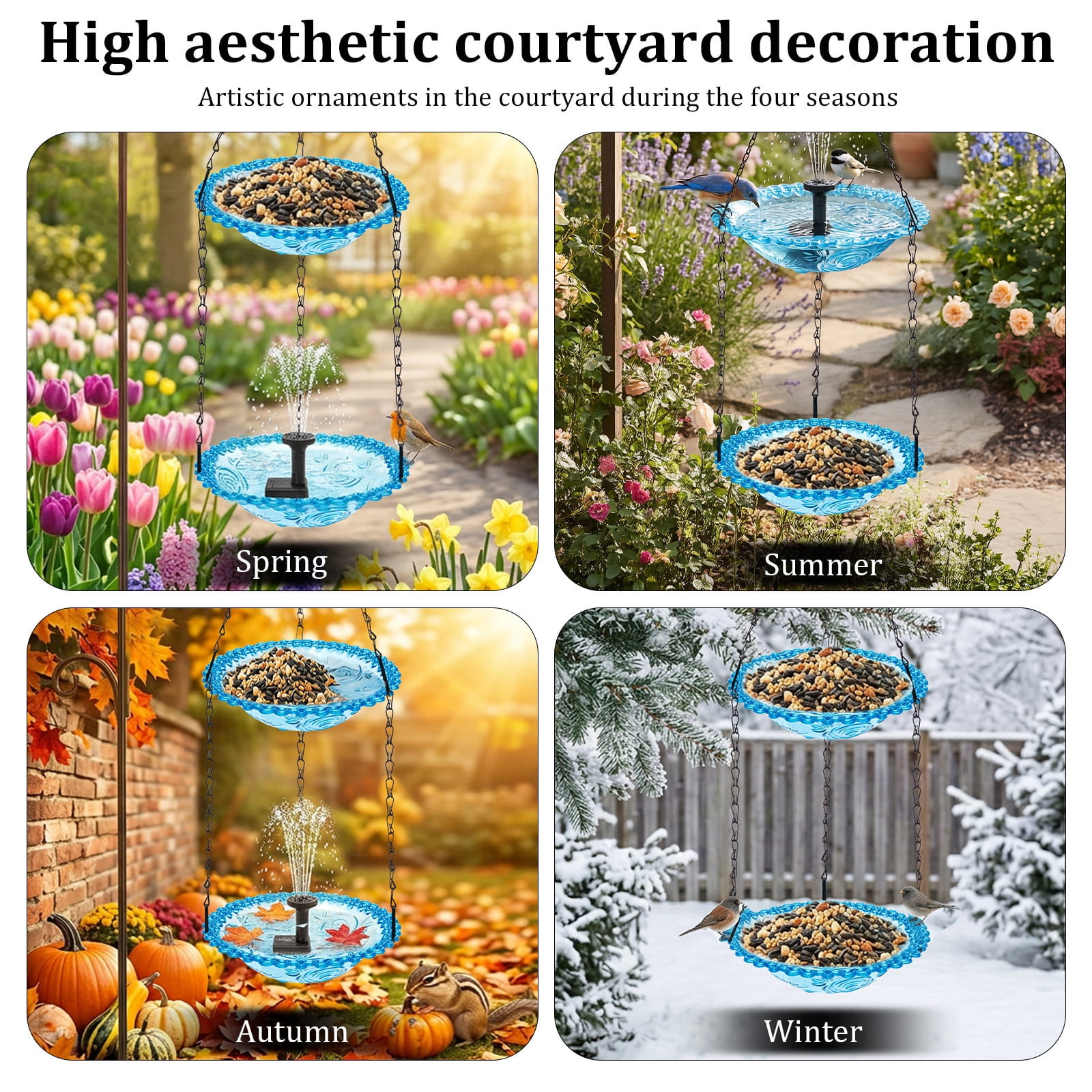 Grusce Hanging Solar Bird Bath Fountain, Solar Power Outdoor Water Fountain with Cascading Water Decorative for Garden Yard Patio