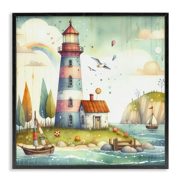 Stupell Industries Lighthouse Cottage Scenery Nautical & Beach Painting Black Framed Art Print Wall Art, 12 x 12