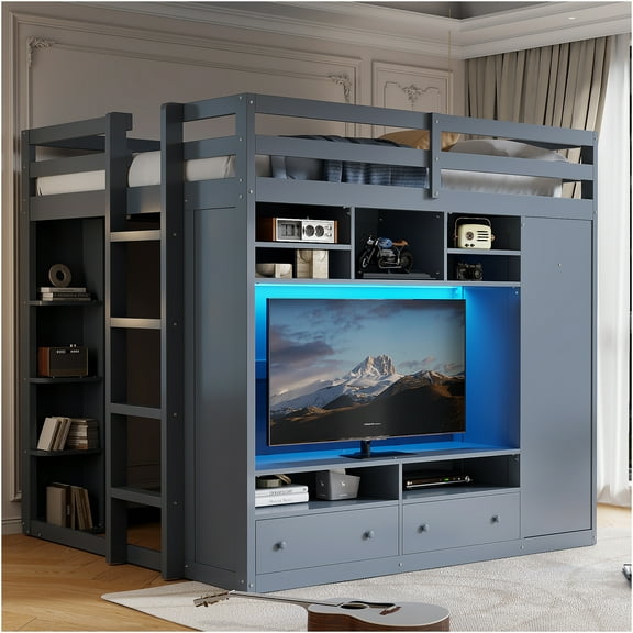 JERFIT size Loft Bed with Drawers Shelves and Light - Gray