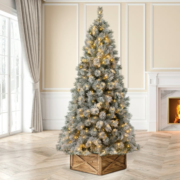 Glitzhome Pre-Lit Snow Flocked Artificial Spruce Christmas Tree with ...