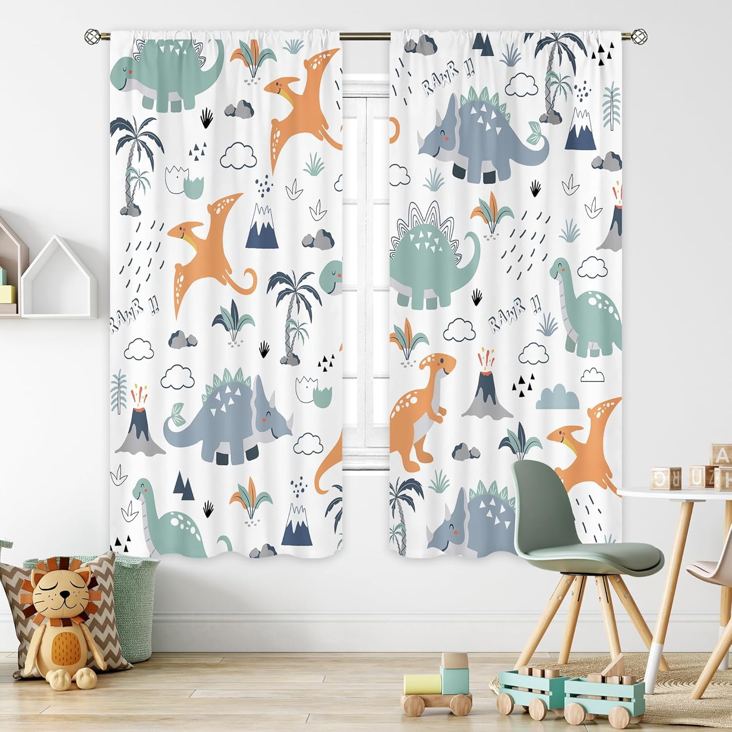 Kids Boys Dinosaur Curtains 42Wx63H Inch Rod Pocket Cartoon Dino Tropical Jungle Safari Animal Nursery Art Printed Cute Volcano Living Room Bedroom Window Drapes Treatment Fabric 2 Panels