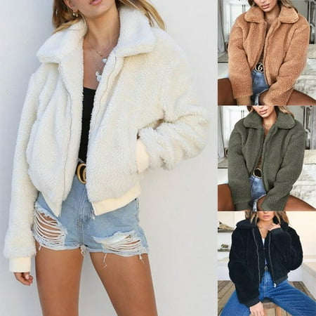 Fur Trim Black Sweater Jacket - US Women's Lady Teddy Bear Faux Fur Coats Jacket Borg Outwear Oversized Clothes
