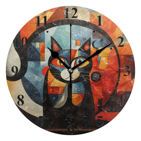 Cat Color Blocks Black 10 inch Wall Clocks Non Ticking Easy to Read Battery Decorative for Home Bathroom Kitchen Bedroom Living Room